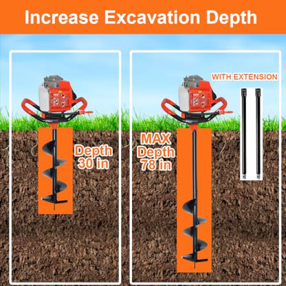 2-Stroke Gas Powered Earth Auger Post Hole Digger, Gasoline Drill with 3 Auger Bits (3", 6", 8") & 2 Extension Bars, Heavy Duty Handheld Power Head for Garden, Farmland, and Fence Post (62CC) - size: 62CC
