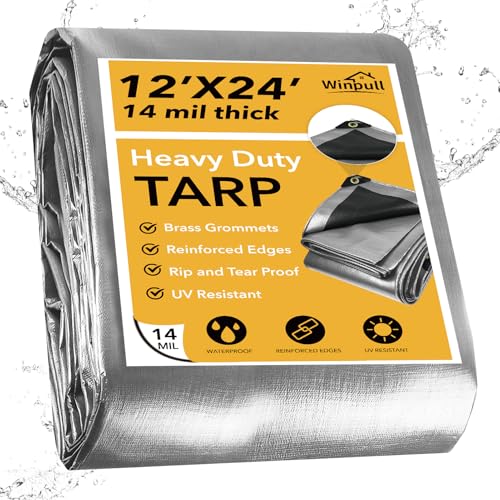 Winpull Heavy Duty Tarp 14 Mil Tarp Waterproof Silver 12x24 FT, UV Resistant Poly Tarp with Reinforced Grommets for Camping, Boat Cover, Patio Furniture, Roof, Firewood Pile - color: Silver/Black-14mil, size: 12'x24'