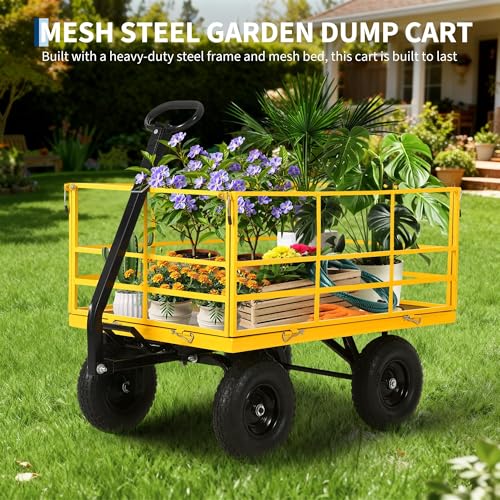 1500 lbs Heavy Duty Steel Garden Cart - Utility Yard Wagon - Removable Mesh Sides & 180° Swivel Handle - Flat-Free All-Terrain 13-Inch Wheels - Red Rims, Black Frame, Black Handlebars - color: Yellow