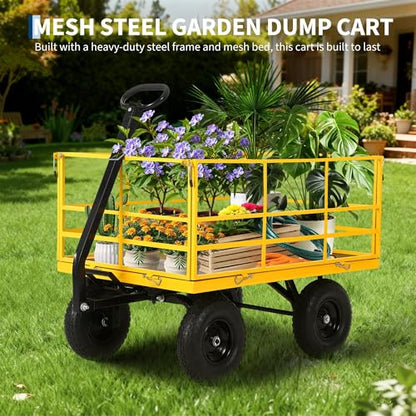 1500 lbs Heavy Duty Steel Garden Cart - Utility Yard Wagon - Removable Mesh Sides & 180° Swivel Handle - Flat-Free All-Terrain 13-Inch Wheels - Red Rims, Black Frame, Black Handlebars - color: Yellow