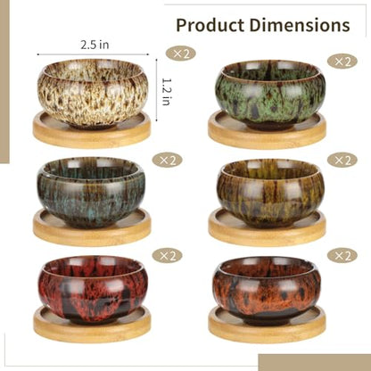 OMISTAR 12 PCS Mini Ceramic Succulent Pots 2.5 in, Colorful Glazed Planters with Drainage Hole, Small Round Flower Pots with Bamboo Trays, Indoor Desktop Windowsill Plant Pot Set