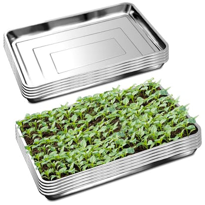 RooTrimmer 10 Pack Large Stainless Steel Seedling Trays, Heavy Duty Metal Water Catch Trays for Nursery Pots Transplant, Seed Germination & Propagation Flats (17.5 inch×13.56 inch, 1.18" Height) - size: Large-10P