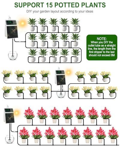 Solar Automatic Drip Irrigation System, 15 Pot Self Watering System with 2200mAh, IPX5 Waterproof, USB-C & Solar Charging, Timer Modes for Indoor/Outdoor Garden, Balcony & Patio