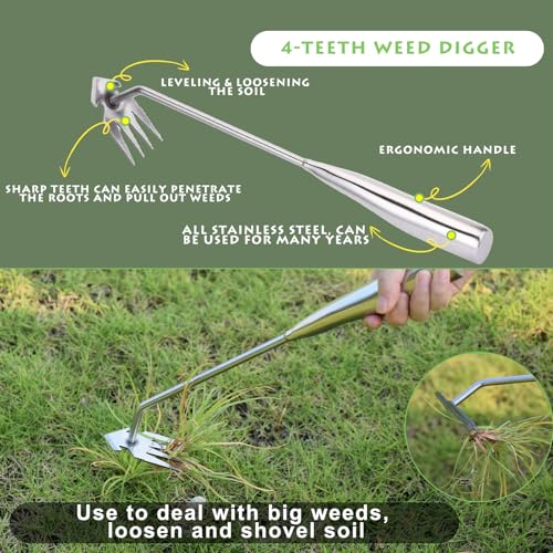 Weed Puller Tool, Stainless Steel Gardening Hand Weeder Tools, Weeding Artifact Uprooting Weeding Tool, Weed Removal Tool, 4-Tooth Dual Purpose Manual Weed Pulling Tool for Yard Garden