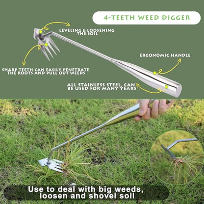 Weed Puller Tool, Stainless Steel Gardening Hand Weeder Tools, Weeding Artifact Uprooting Weeding Tool, Weed Removal Tool, 4-Tooth Dual Purpose Manual Weed Pulling Tool for Yard Garden