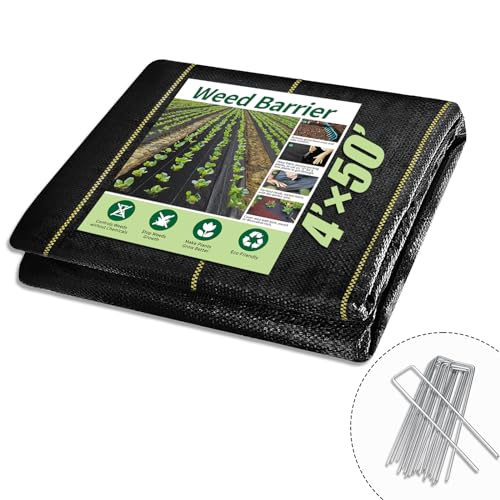 KANAGAWA 4ft x 50ft Weed Barrier Fabric, 6oz Heavy-Duty Woven Landscape Fabric with Staples, Breathable Weed Control for Garden Beds, Driveways, Farming & Landscaping - size: 6oz-4x50ft