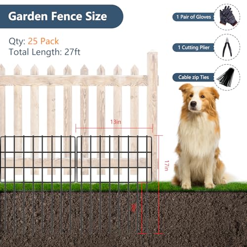 25 Pack Animal Barrier Fences, 1.25in Gap No Dig Garden Fence for Dog Rabbit, 17in (H) X 27ft (L) Rustproof Metals Ground Defense Border for Garden, Patio, Yard, Landscaping