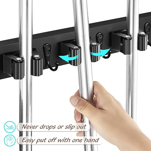 OUTNILI Black Mop Broom Holder Wall Mount with 4 Slots & 4 Hooks - Rustic Wood Broom Mop Hanger for Pantry Closet Laundry Room Organization - Heavy Duty Garden Tool Organizer - Black Kitchen Decor - color: Black-4 Grips, size: 1 Pack