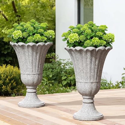 Tall Plastic Urn Planters and Pedestal - 24" Outdoor Planter Gray - color: Grey-petal