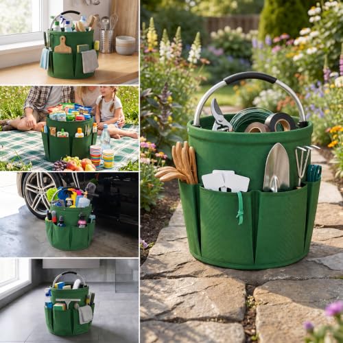 Garden Tool Organizer Tote with Non-Slip Handle – 4.5-Gallon Water-Resistant Bucket Bag with 6 Side Pockets, Portable Gardening and Outdoor Utility Bag for Yard Work, Garage, Beach & Camping - color: Green