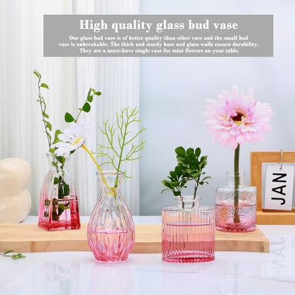 Glass Bud Vases Set of 4, Small Pink Flower Vases for Wedding Centerpieces - color: Pink