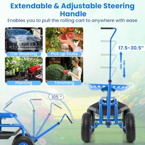IRONMAX Garden Cart with Seat, Gardening Rolling Stool Scooter with 10’’ All-Terrain Wheels, Adjustable Steering Handle & Tool Tray and Basket for Outdoor Planting (Blue) - color: Blue