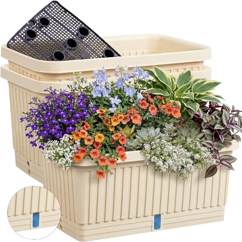 3 Pcs Large Rectangular Planter Boxes Outdoor, Beige, 20 Inches - color: Beige, size: 20 Inches