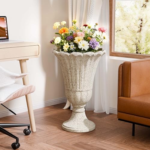 Tall Plastic Urn Planters and Pedestal - 24" Outdoor Planter Beige - color: Yellowish Beige-petal