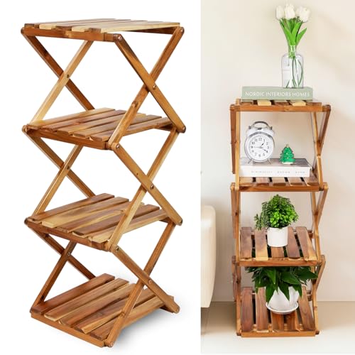 BEEFURNI 4-Tier Foldable Acacia Wood Ladder Plant Stand & Corner Rack