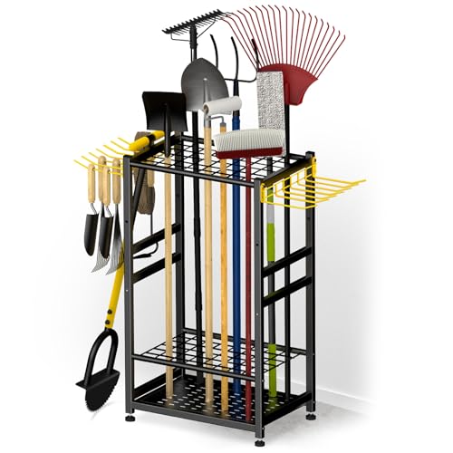 Garden Tool Organizer, Up 48 Long Handle Tool, Garage Storage and Organization with Side Hook for Broom/Rake/Shovel/T-Handle Tool, Heavy Duty Steel Outdoor Tool Rack,Yard Tool Stand for Shed