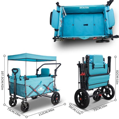 TMZ Collapsible Wagon with 2 Foldable Seats, Folding Cart with Removable Canopy, Heavy Duty Wagon 265LBS Load Capacity for Camping Garden Shopping (Turquoise) - color: Turquoise