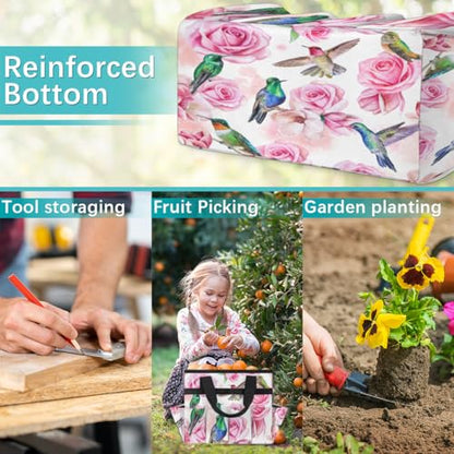 Hummingbird Flower Rose Garden Tool Bag Waterproof Gardening Tool Storage Bag with Handle & 10 Pockets Gardening Tote Bag for Women Garden Tool Organizer - color: Hummingbird Flower Rose