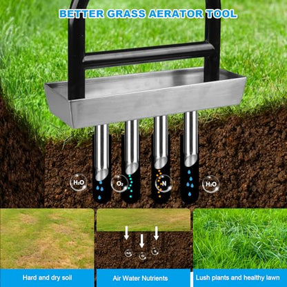 Lawn Aerator Manual Garden Tool with Soil Core Tray - 4 Stainless Steel Core Plug Aerator for Grass Aeration, Yard Lawn Care Heavy Duty Garden Tool for Healthy Lawn Growth
