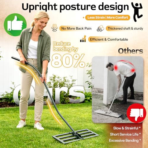 Lawn Leveling Rake -31.5''x11.8'' Heavy Duty Leveling Rake, Ergonomic Handle, Professional Ground Leveler for Yard, Soil, Grading, Gravel, Seeding, Do Not Hurt Turf, Save Effort