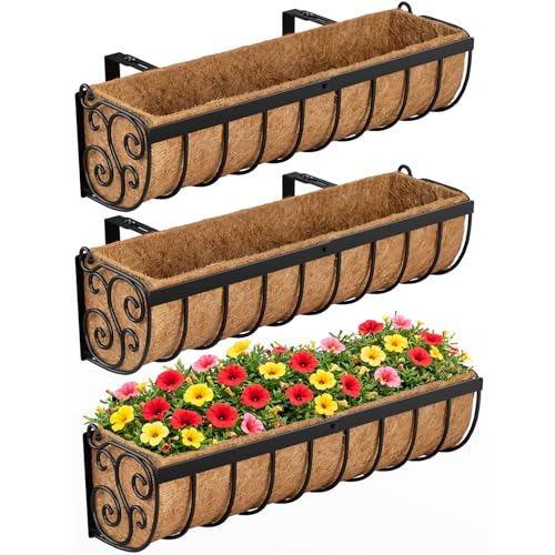 VOXOR Railing Planter Boxes, 24 Inch Window Boxes Planters, Balcony Planters with Adjustable Brackets & Coco Liner for Outdoor Fence, Deck, Porch, and Patio Gardening, 3 Pack - size: 24 Inch