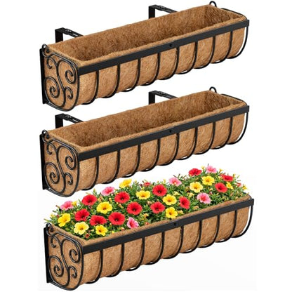VOXOR Railing Planter Boxes, 24 Inch Window Boxes Planters, Balcony Planters with Adjustable Brackets & Coco Liner for Outdoor Fence, Deck, Porch, and Patio Gardening, 3 Pack - size: 24 Inch