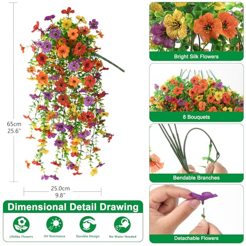 Homsunny Artificial Hanging Flowers for Outdoor, 8PCS Fake Flowers - color: A01 Purple+red+orange+yellow