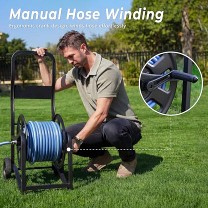 Garden Hose Reel Cart, Heavy Duty Metal Water Hose Cart with Wheels, Holds 200FT x 5/8" Hose, Leak-Proof Aluminum Water System, Anti-Burst Wheels, Ergonomic Crank, Outdoor Rust-Resistant