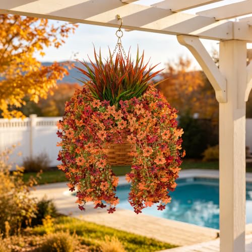 7PCS Artificial Fall Hanging Flowers for Outdoor, Six-Petaled Faux Mums - color: Orange Red
