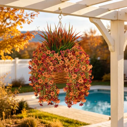 7PCS Artificial Fall Hanging Flowers for Outdoor, Six-Petaled Faux Mums - color: Orange Red
