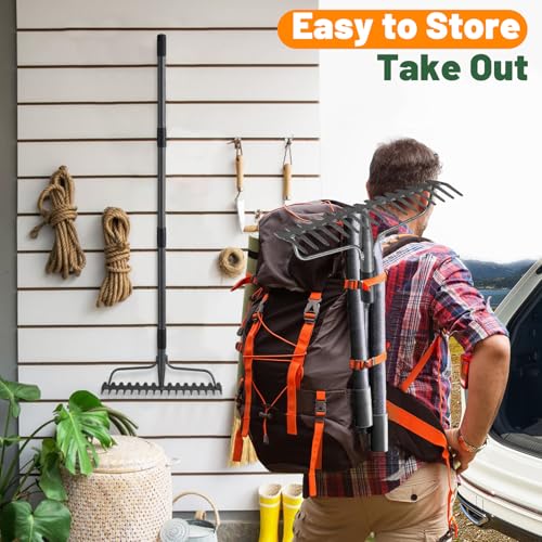 Rake, 17 Tines with 49 Inch Handle, 17 Inch Wide Heavy Duty Garden Thatch Leaf Rake for Raking Leaf Loosening Soil Gathering Mulch Leveling Rocks, Rustproof Metal Bow Rakes for Leaves Grass - style: 49"