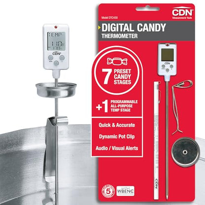 CDN Digital Thermometer Long 8'' Stainless Steel Stem, Adjustable Pot Clip, Preset Candy Stages with Audio/Visual Alerts, Instant Read For Cooking, Deep Frying & Oil - DTC450 - style: Digital Candy Thermometer
