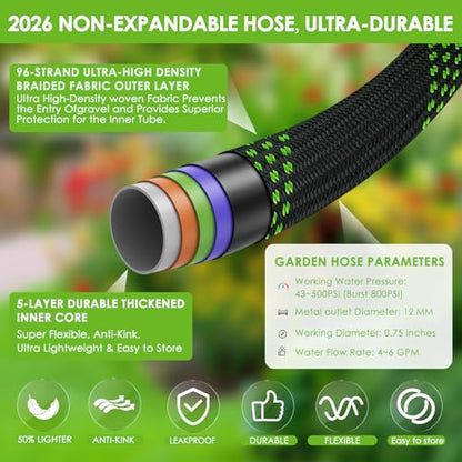 100 ft Non-Expanding Garden Hose, 360° Anti-Kink Swivel Fittings - color: Green, size: 100ft