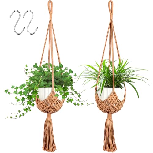 2 Pack Macrame Plant Hangers Indoor, 35 Inch Caramel Hanging Planters Rope for Indoor Outdoor Wall Plants Holder with S Shaped Hooks, Boho Home Decor (Pots Not Included)