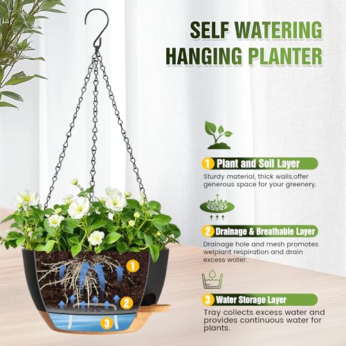 12 Inch Large Self Watering Hanging Planters 2 Pack with Saucers - color: Black Brown, size: 12 Inch 2 Pack
