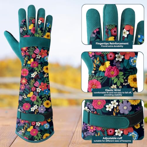 Gardening Gloves for Women, Long Garden Gloves with Grip, Thorn-Proof, Gift - color: Dark Green - Flower