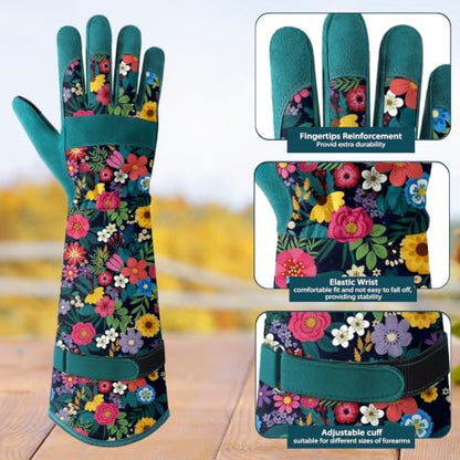 Gardening Gloves for Women, Long Garden Gloves with Grip, Thorn-Proof, Gift - color: Dark Green - Flower