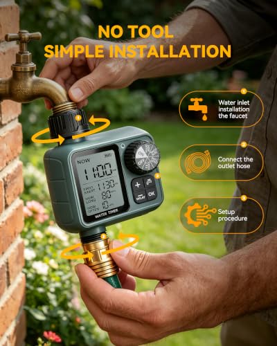 Programmable Water Timer for Garden Hose, Outdoor Sprinkler Timer with Rain Delay & Manual Mode,Inlaid Brass Connector Irrigation Controller for Lawn Yard Landscape, 1 Outlet Large LCD Display
