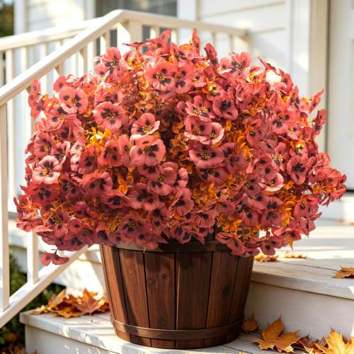 Faux Flowers UV Resistant, 16 Artificial Pansies for Fall Outdoor Decor - color: Fall Pink