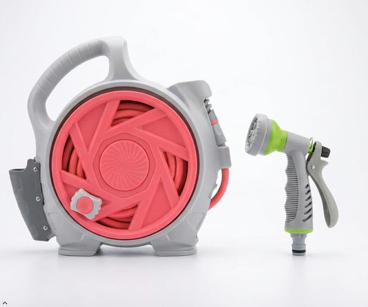 mini portable garden pipe cart, adjustable spray gun with 6 different gears, suitable for various faucets, portable water pipe truck can be used for car washing, watering plants (Pink)