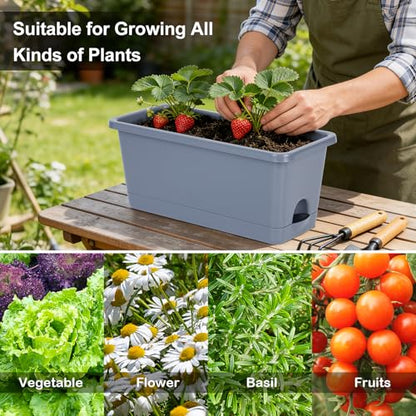 Oliz Window Box Planter 6 Packs, 13.8 Inches Rectangle Flower Pots with Drainage Holes & Trays, Pots for Vegetables, Herbs, Flowers, Garden Windowsill Balcony (Grey) - color: Gray