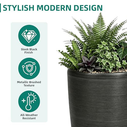 Autodaya 22.8" Tall Outdoor Planters Set of 2, Faux Brushed Steel Finish - color: Metallic Brushed Black-21.8"h