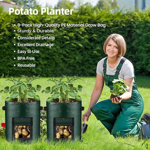 10 Gallon 8-Pack Grow Bags, Durable PE Fabric Pots with Flap and Handles, Green Planter Bags for Potato Vegetables Flowers Herbs Garden Outdoor, 17.7''x13.8'' Large for All Plants Growing - size: Green-8 Pack