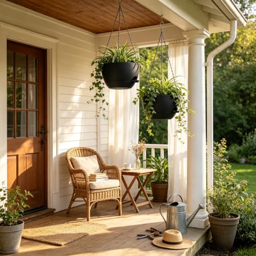 12" Self Watering Hanging Planters with Chains, Black, 2 Pack - color: Black, size: 2 pack 12 inches