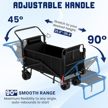 LEVELEVE Heavy Duty Folding Wagon - 2-in-1 Collapsible Cart, All-Terrain Wheels w/Brakes & Side Pockets (Black, 650lb Capacity) - color: Black, size: Large