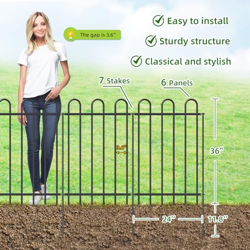 36” x 12’ Outdoor Metal Garden Fence, No-Dig Dog Fence Panels with Stakes - size: Multi Arch 36″H x 12ft (6Panels)