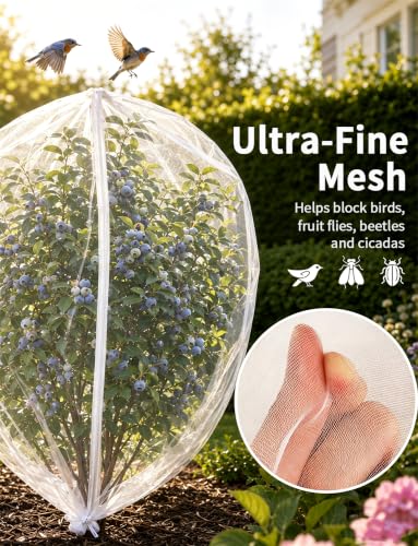 Garden Bird Netting for Insects, 2 Pack 5x3.28ft, Fruit Tree Netting with Zipper & Drawstring, Ultra Dense Mesh Plant Covers for Blueberry Tomato Cherry Peach Apple Trees Pest Barrier (5x3.28FT)