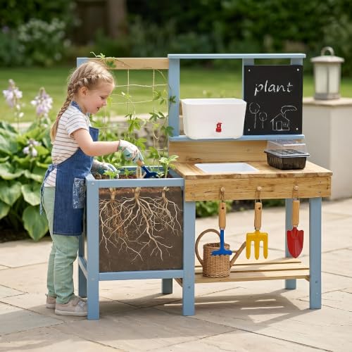 Kids Potting Bench for Outdoor, Fir Wood Gardening Station with Transparent Planter Box, Outside Activity Wooden Table with Sink,Faucet, Garden Accessories, Mud Kitchen for Kids 3+