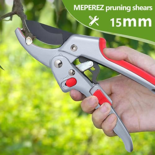 Garden clippers, premium Germany pruners, Work 3 times easier, professional ratchet pruning shears, cutting rose, flower, hedge, stem, tree, Sharp gardening scissors, Arthritis weak hand snips - color: Red/Silver