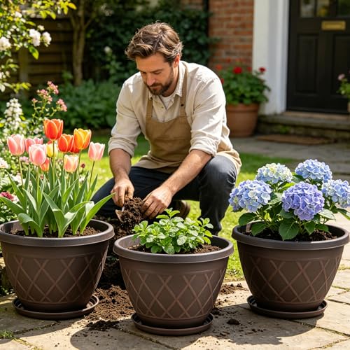 4 Pack 16 Inch Large Plastic Plant Pots with Drainage Holes & Saucers - color: Plaid Pattern-brown, size: 16 Inch - 4Pack